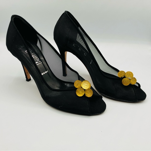 Something Bleu Black Mesh Gold Yellow Ball Pump Heels Peep Toe Italy Size 7 - Picture 10 of 16